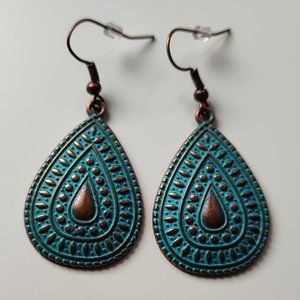 Artisan Bohemian turquoise & copper filigree teardrop earrings